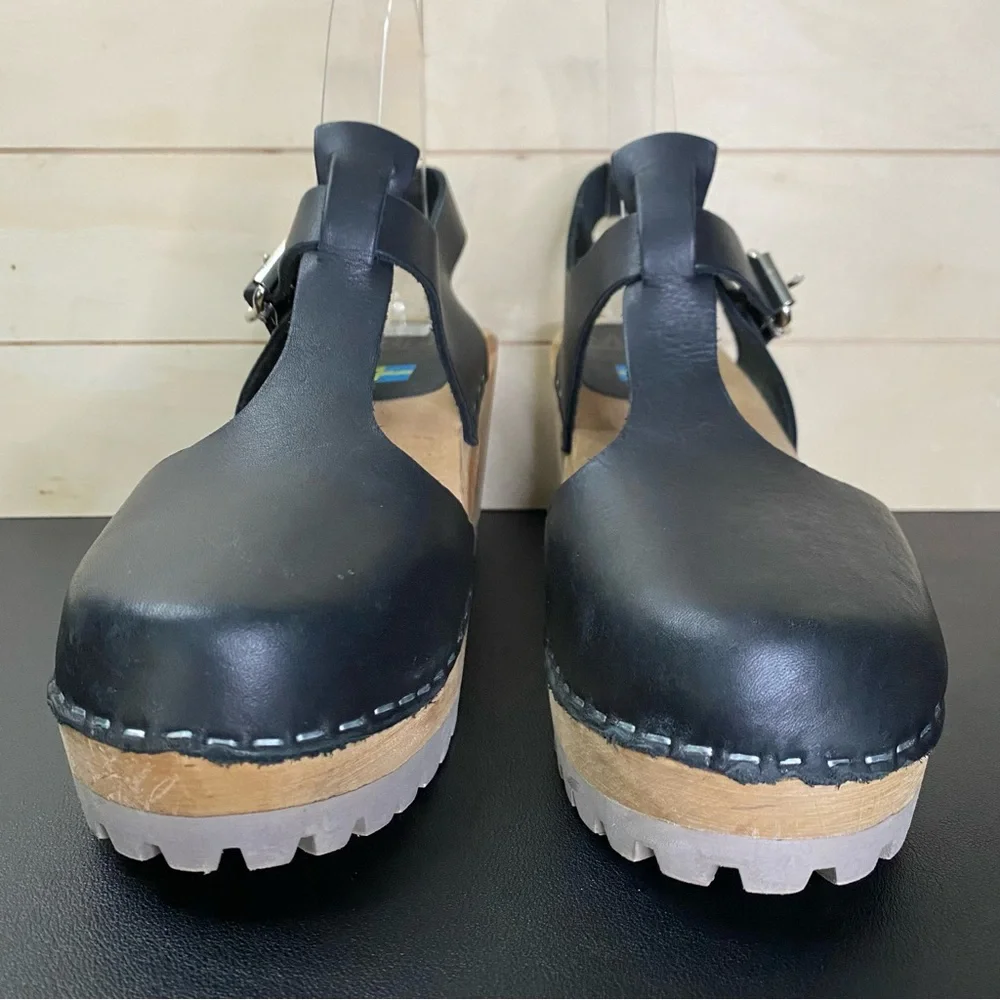 Mia Madeline Swedish Clogs Women's Size 7.5 Shoes EU38 Black Leather Wooden - Picture 5 of 11